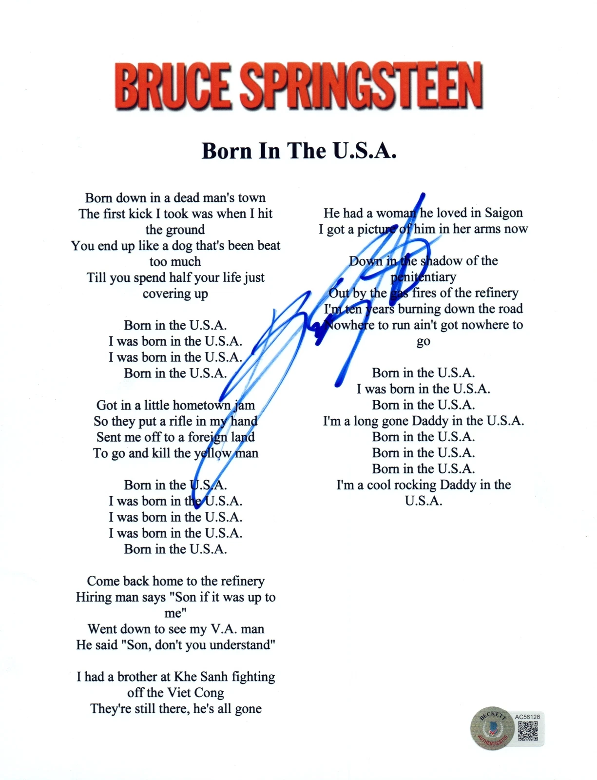 Bruce Springsteen Signed Autograph Born In The USA Song Lyric Sheet Beckett COA