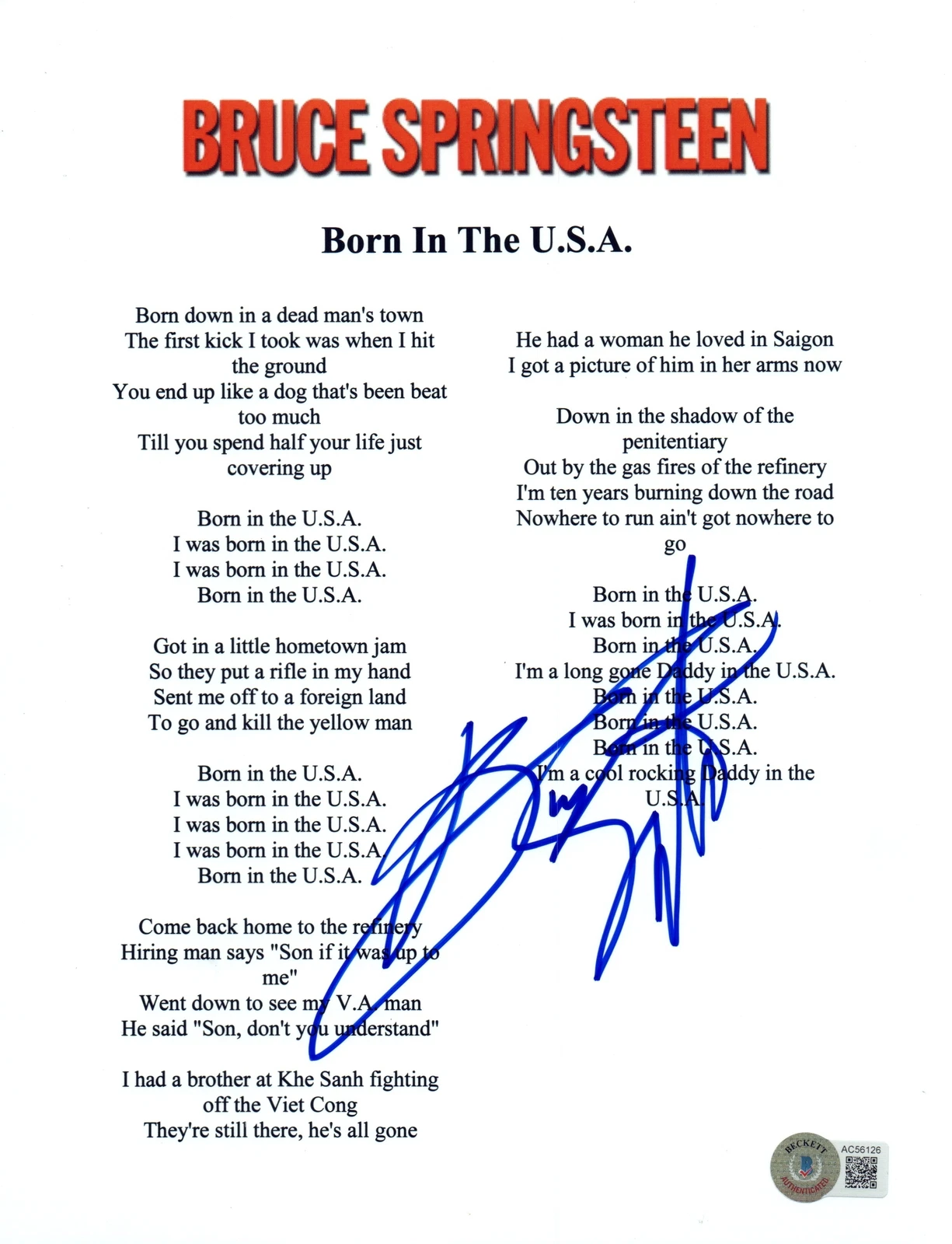 Bruce Springsteen Signed Autograph Born In The USA Song Lyric Sheet Beckett COA