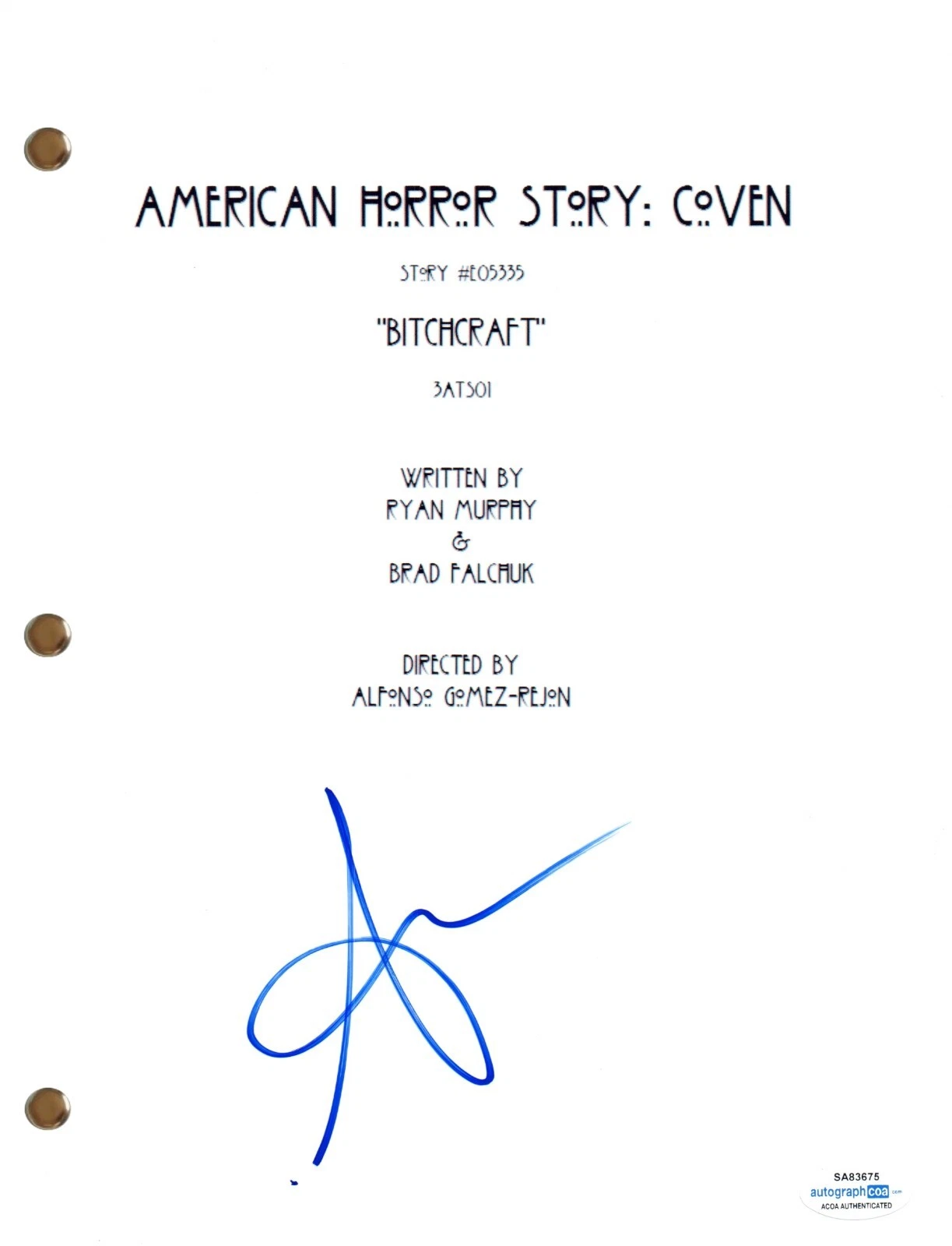 Sarah Paulson Signed Autograph American Horror Story Coven Pilot Script ACOA AB