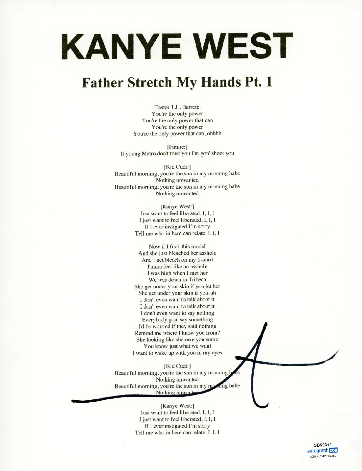 Kanye West Signed Autographed Father Stretch My Hands Pt. 1 Lyric Sheet ACOA COA