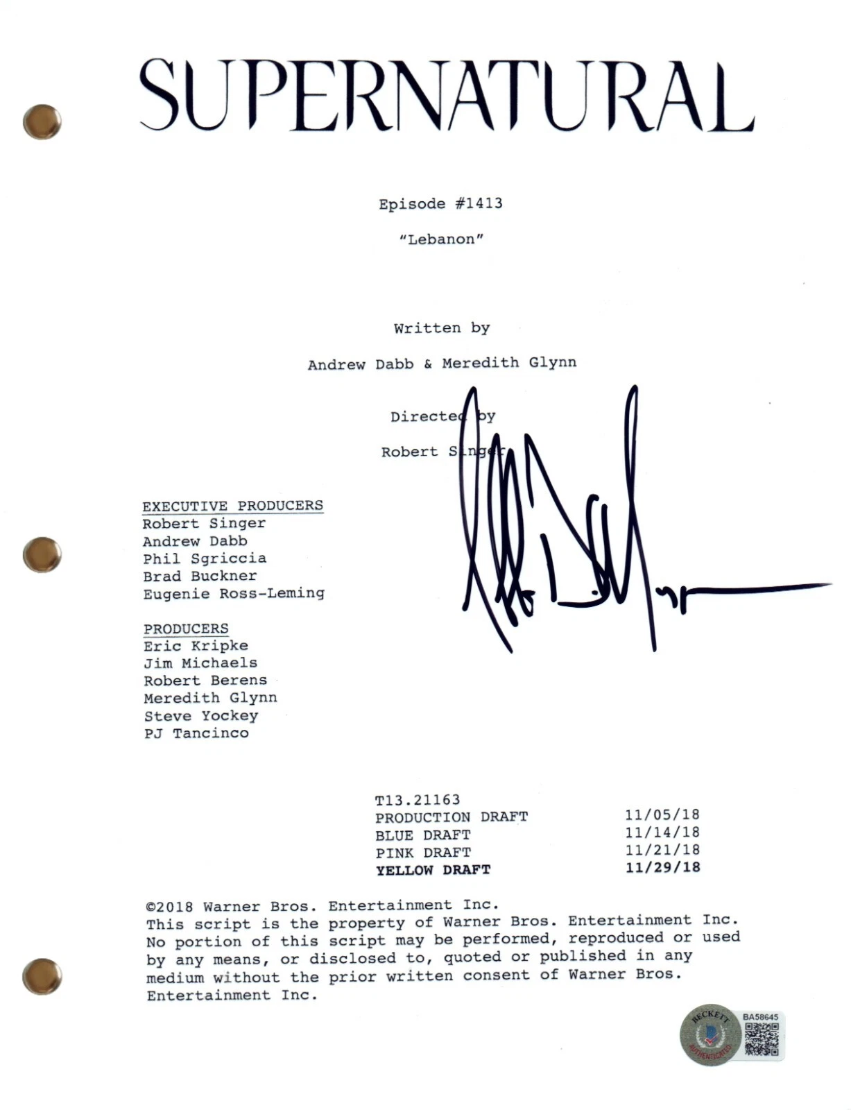 Jeffrey Dean Morgan Signed Supernatural Lebanon Episode Script Autograph BAS COA