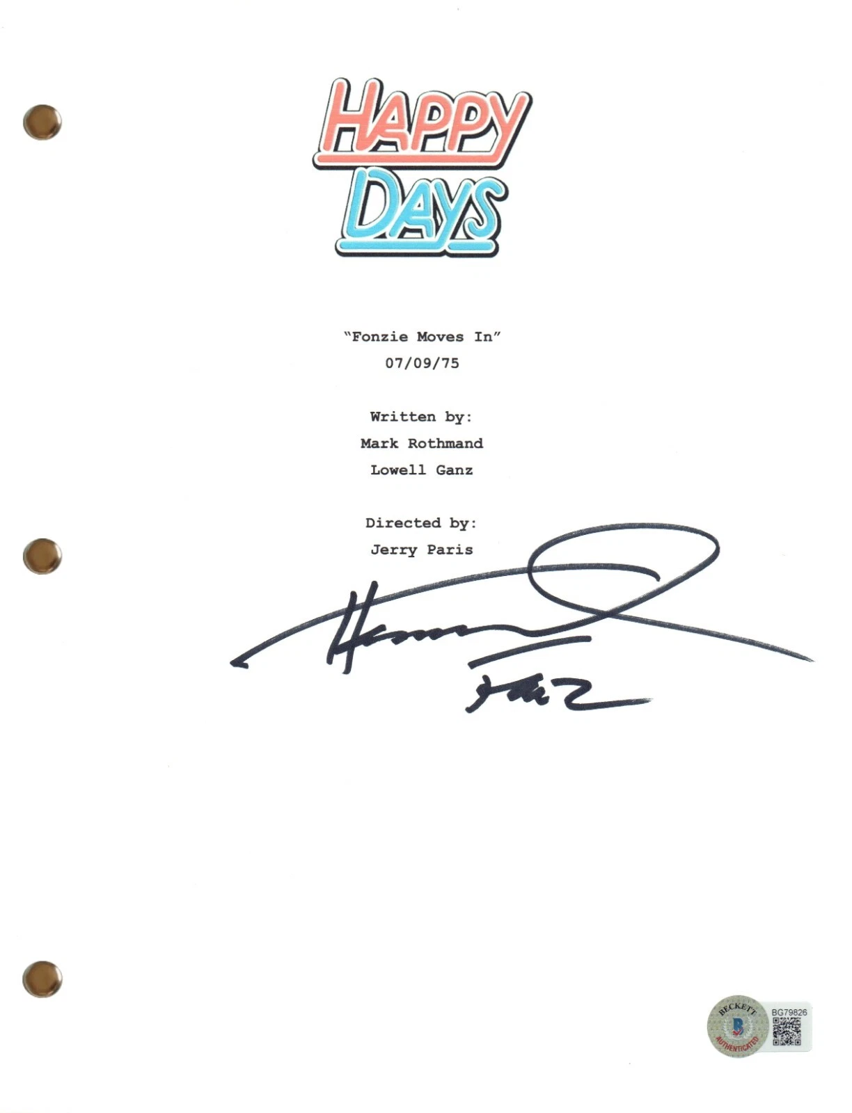 Henry Winkler Signed Autograph Happy Days Fonzie Moves In Script Screenplay BAS