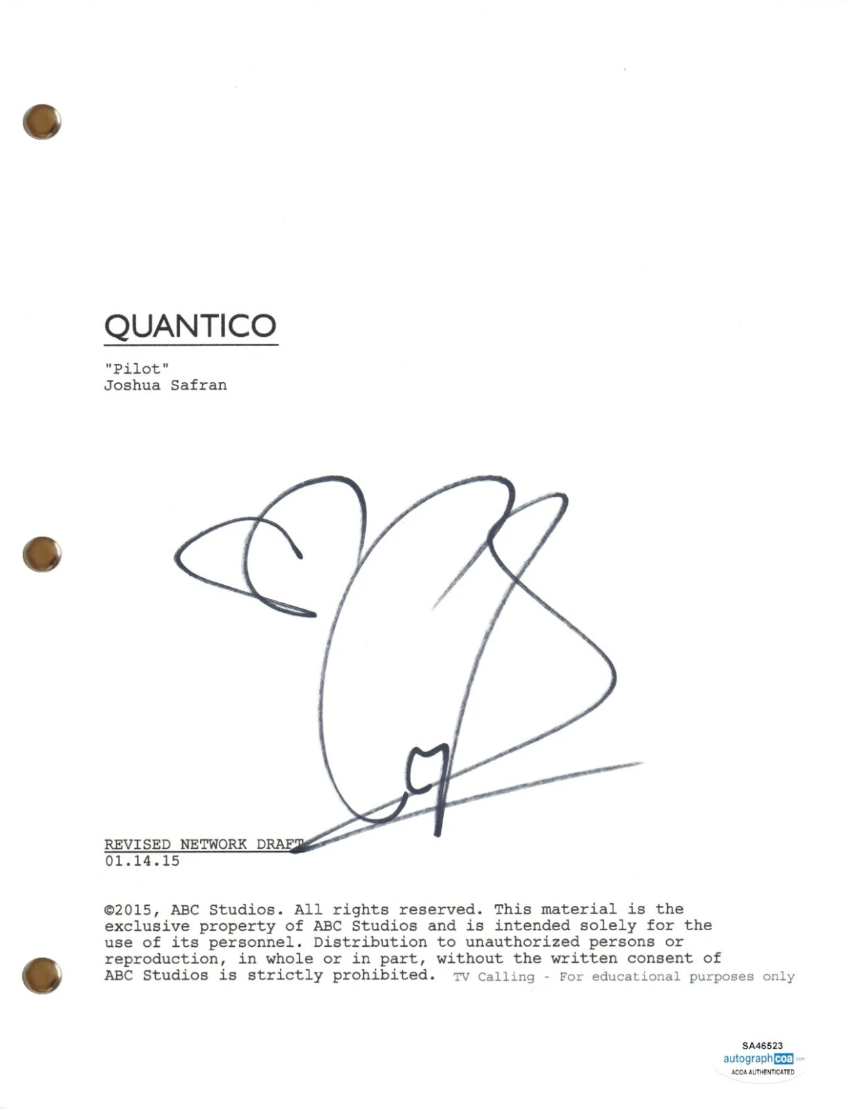 Priyanka Chopra Signed Autograph Quantico Pilot Script Screenplay ACOA COA