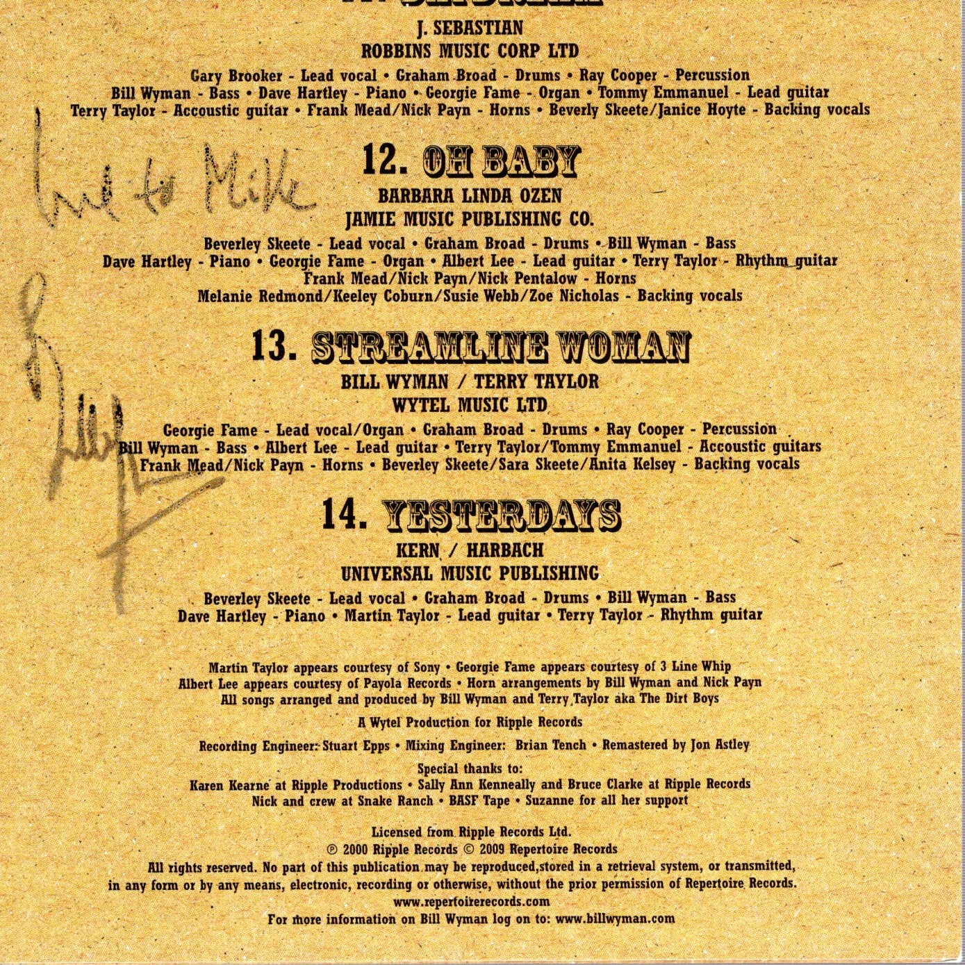 BILL WYMAN HAND SIGNED RHYTHM KINGS GROOVIN CD BOOKLET+COA             TO MIKE