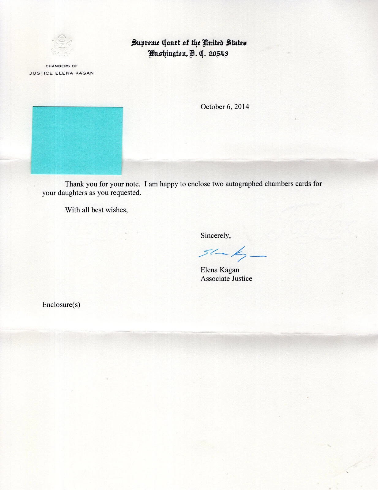 ELENA KAGAN HAND SIGNED LETTER ON SUPREME COURT LETTERHEAD    SC JUSTICE     JSA