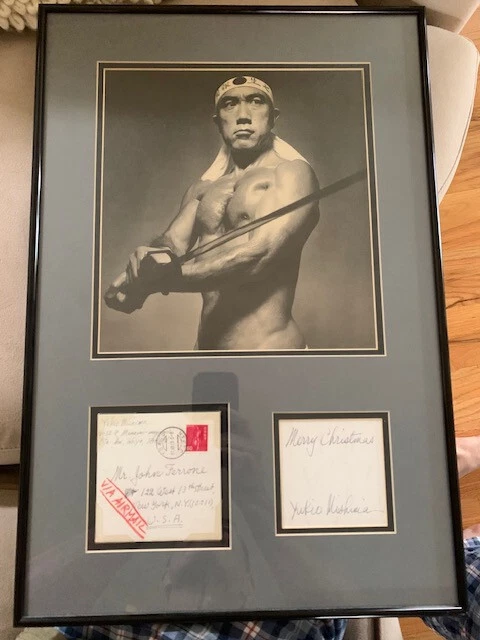 YUKIO MISHIMA FRAMED PHOTO+2 HAND SIGNED ITEMS    ENVELOPE+XMAS CARD   2 JSA LOA