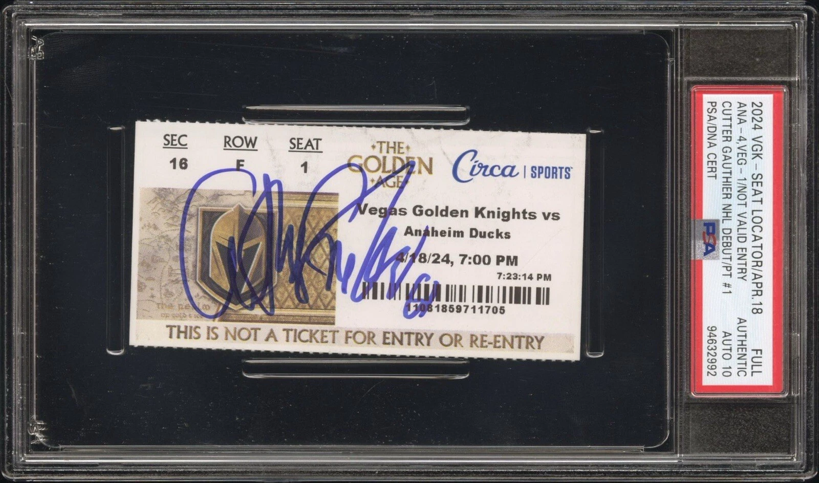 Cutter Gauthier Signed NHL DEBUT + 1st PT Seat Locator Ticket Psa GEM MT 10 AUTO