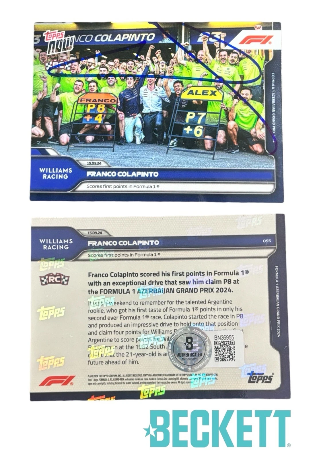 2024 Topps Now F1 #55 Franco Colapinto Signed 1st F1 Points Rookie Card Auto BAS