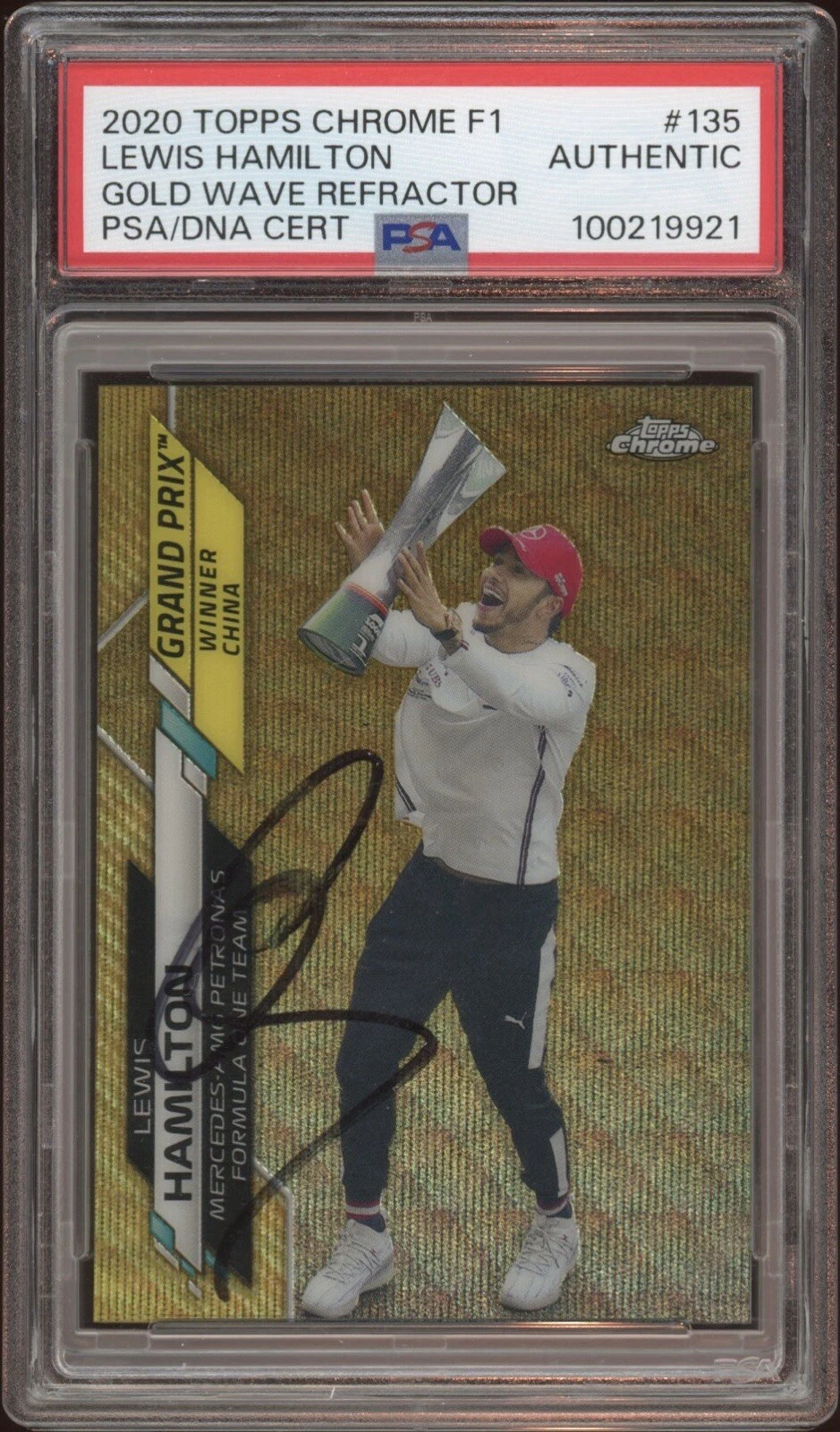 2020 Topps Chrome F1 #135 Lewis Hamilton Gold Wave Refractor Rookie Auto /50 PSA