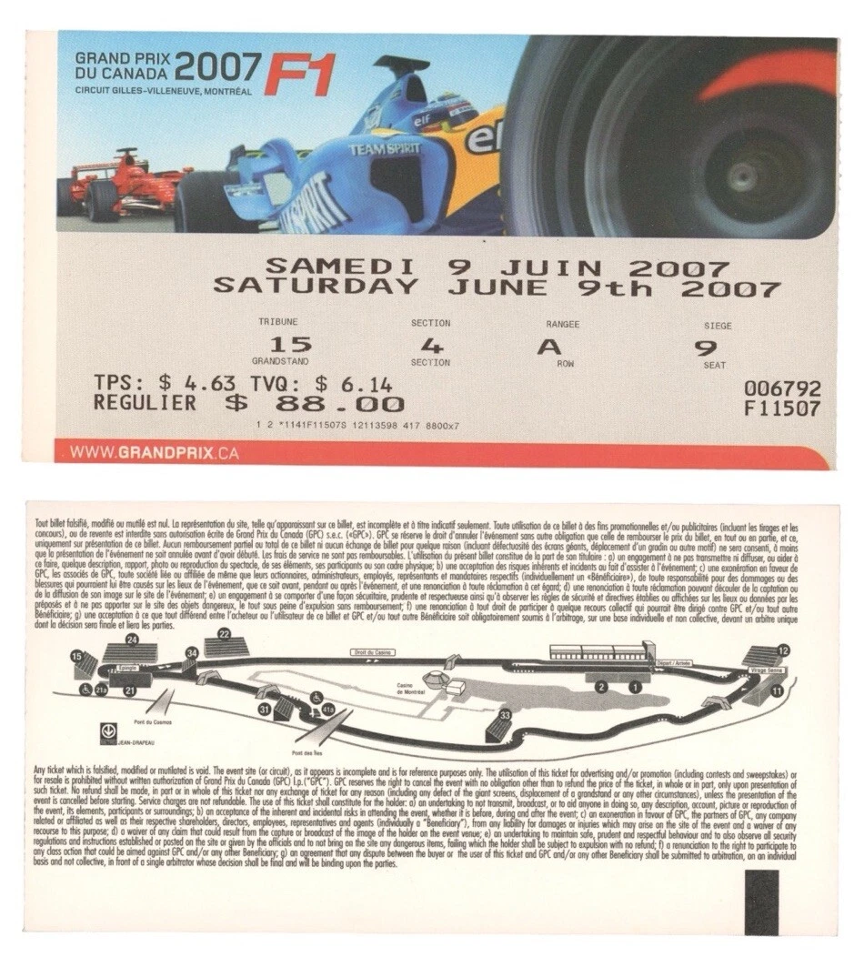 2007 Canadian Grand Prix Lewis Hamilton Qualifying 1st F1 POLE Win Ticket Stub