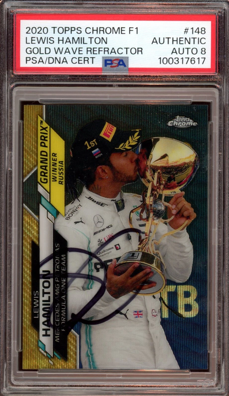 2020 Topps Chrome F1 #148 Lewis Hamilton Gold Wave Ref Rookie /50 PSA AUTO 8 RC