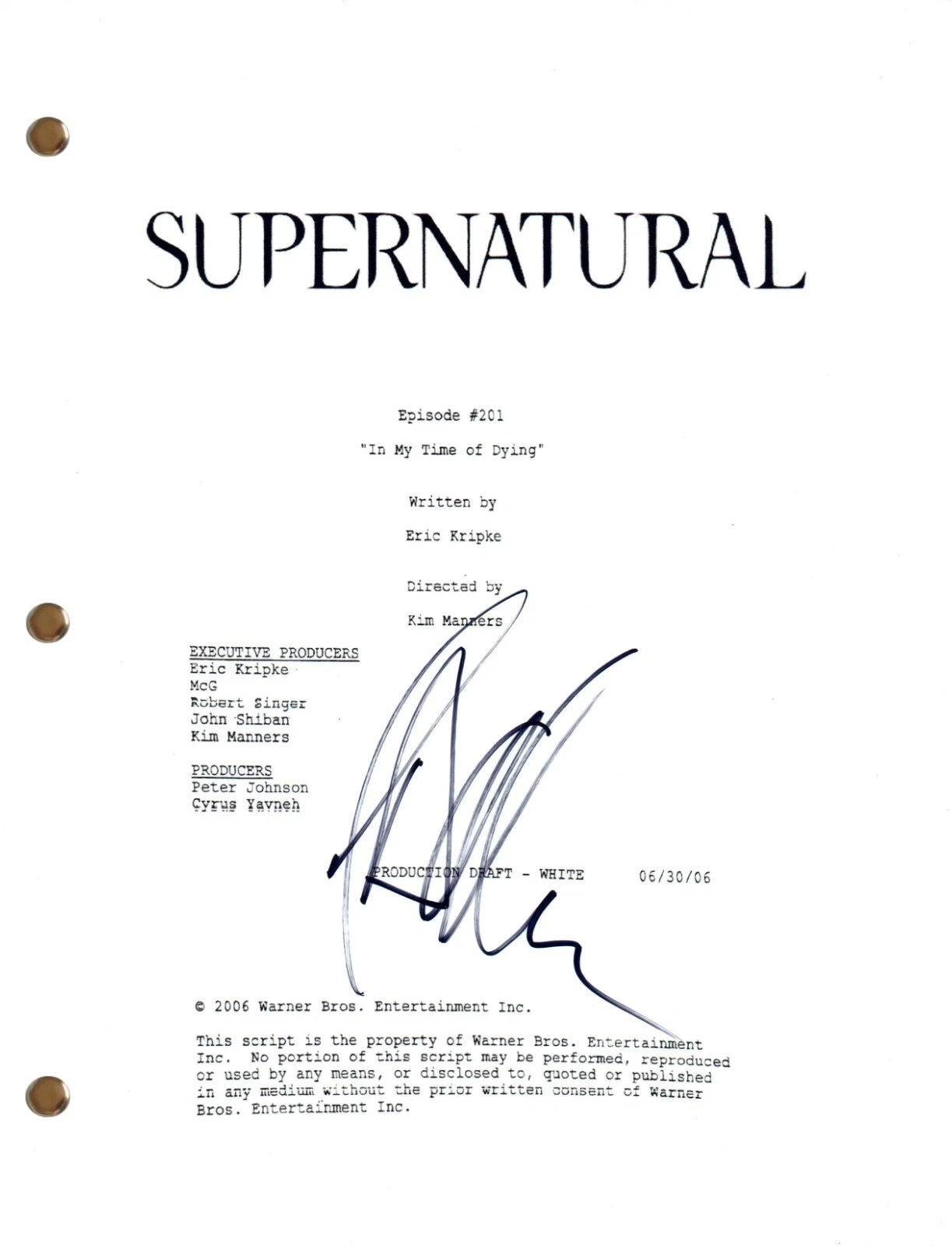 Jeffrey Dean Morgan SUPERNATURAL Signed 'In My Time of Dying' Episode Script COA