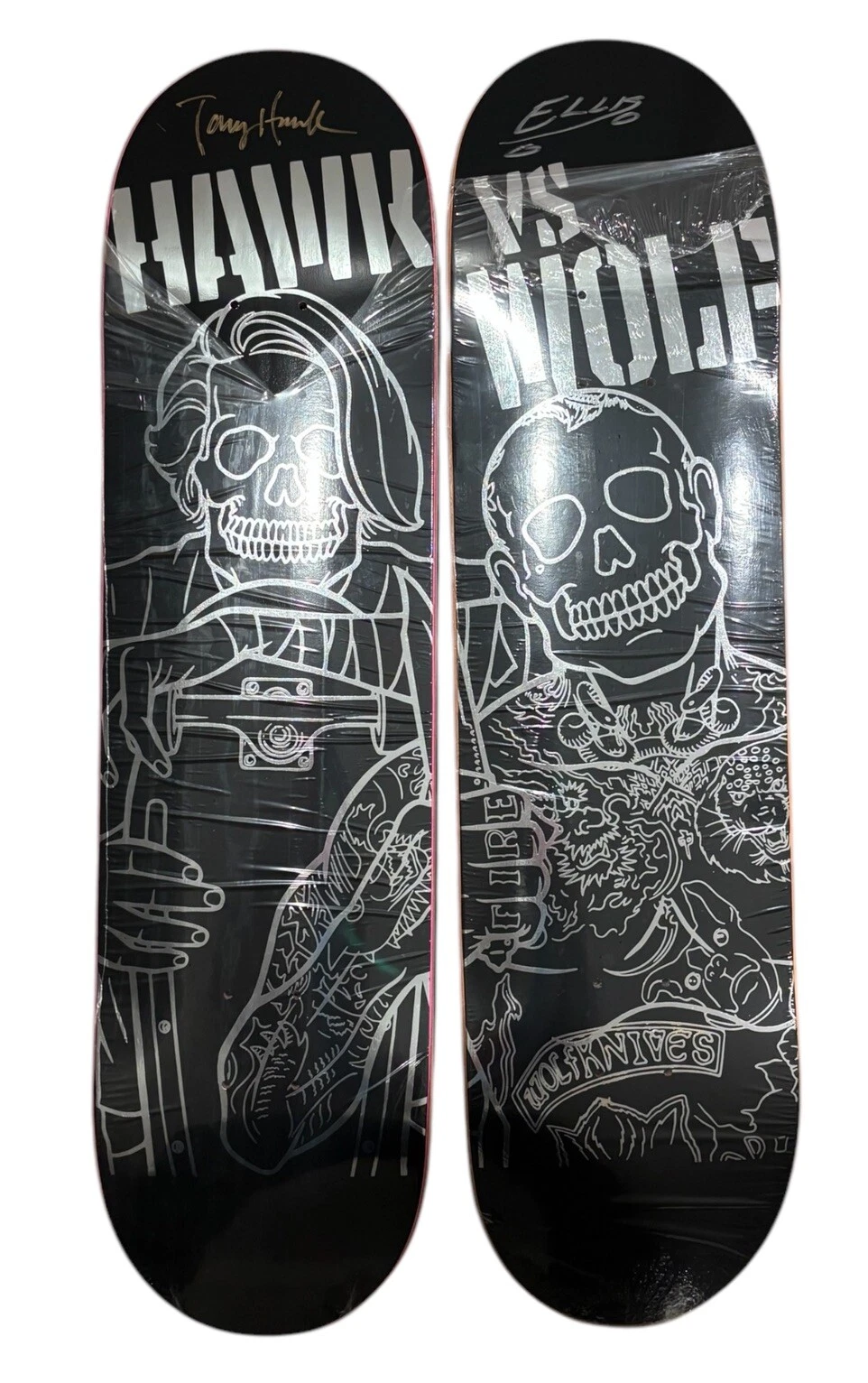 Tony Hawk & Jason Ellis Signed Hawk VS Wolf Limited Edition Skateboard Deck Pair