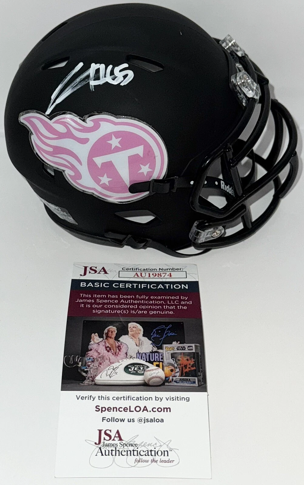 JC Latham Signed Autographed Tennessee Titans Black Mini Helmet JSA COA