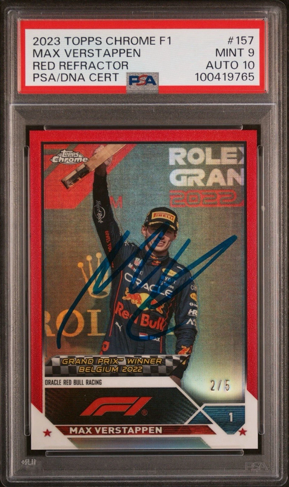 2023 Topps Chrome F1 #157 Max Verstappen Red Refractor Auto /5 PSA MINT 9/GEM 10