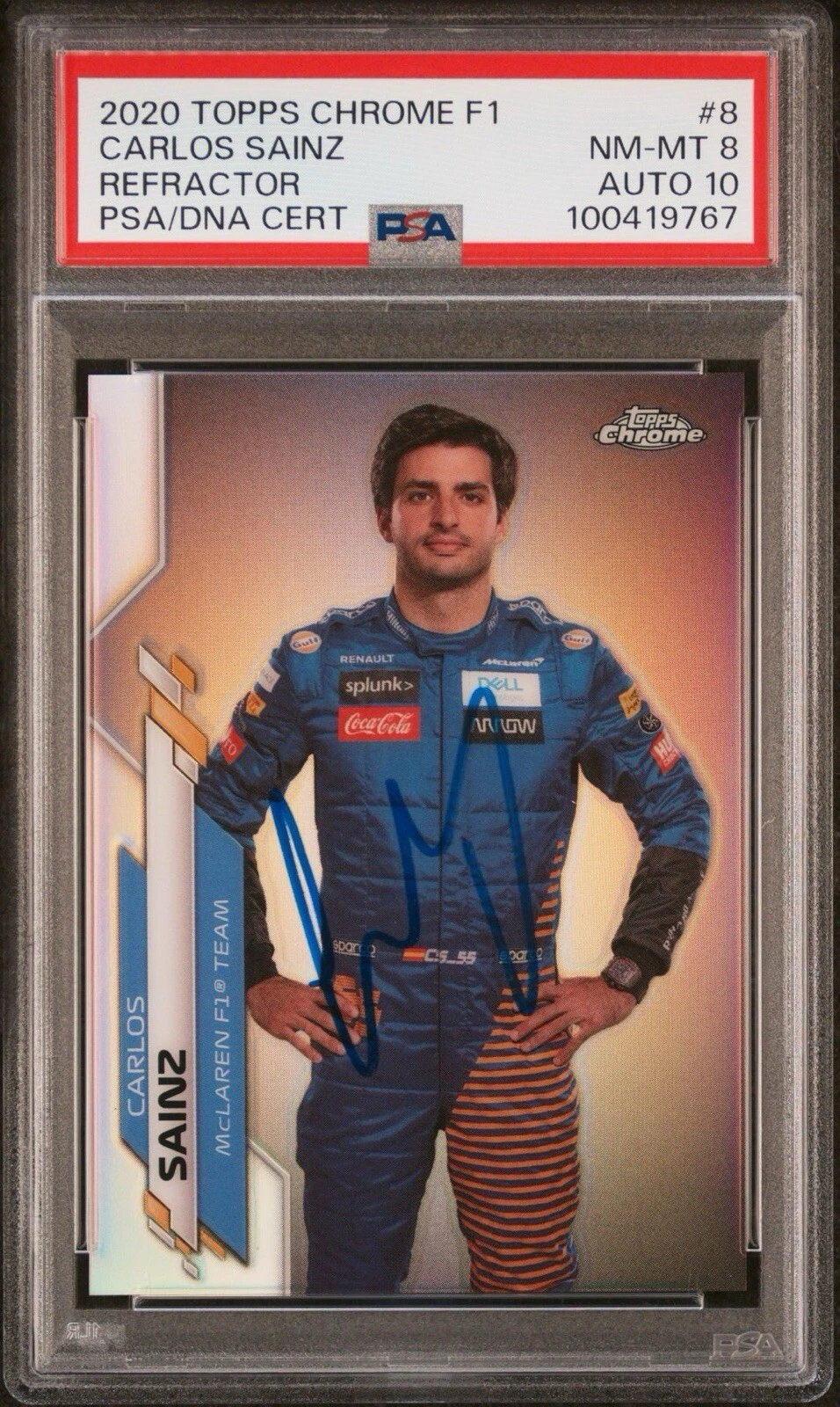 2020 Topps Chrome F1 #8 Carlos Sainz Refractor Rookie Auto Psa 8/GEM MINT 10 RC