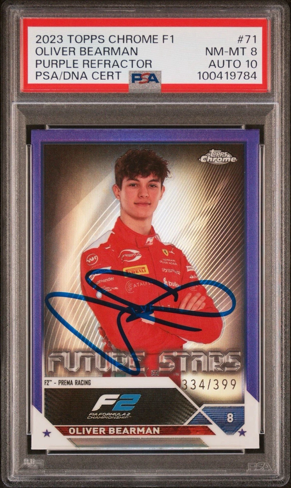 2023 Topps Chrome F1 #71 Oliver Bearman Purple Rookie Auto /399 Psa 8/GEM MT 10