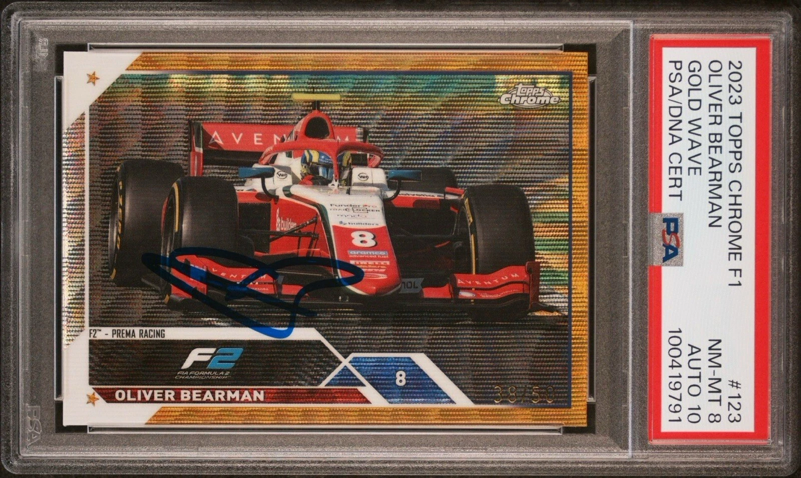 2023 Topps Chrome F1 #123 Oliver Bearman Gold Wave Rookie Auto /50 Psa 8/GEM 10