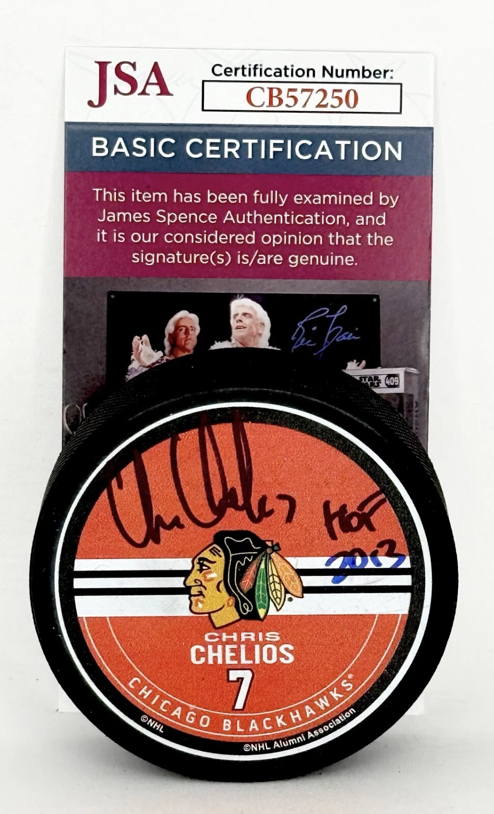 Chris Chelios signed Chicago Blackhawks Commemorative Puck W HOF Inscription JSA
