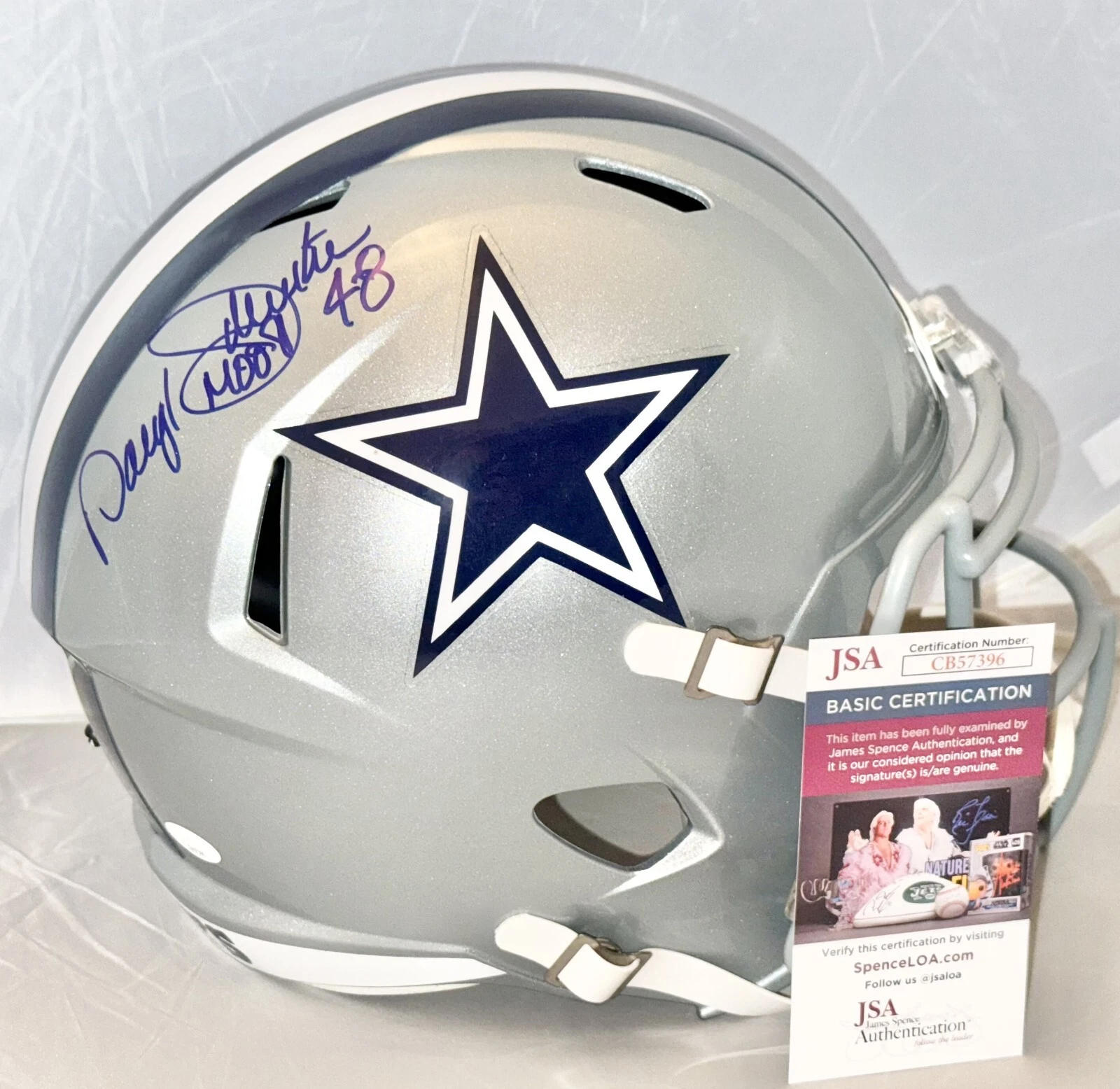 Daryl Johnston signed Dallas Cowboys Full Size Helmet W/ Moose Inscrip #2 JSA