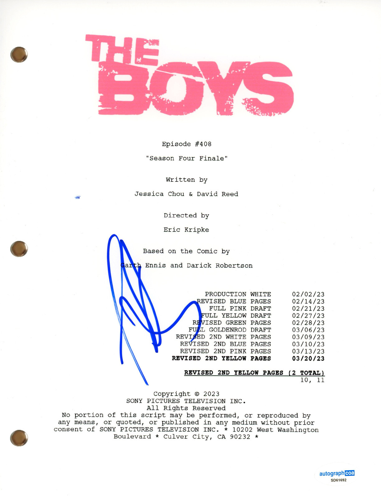 Jeffrey Dean Morgan “The Boys” Signed Autograph Full Episode Script TV ACOA COA