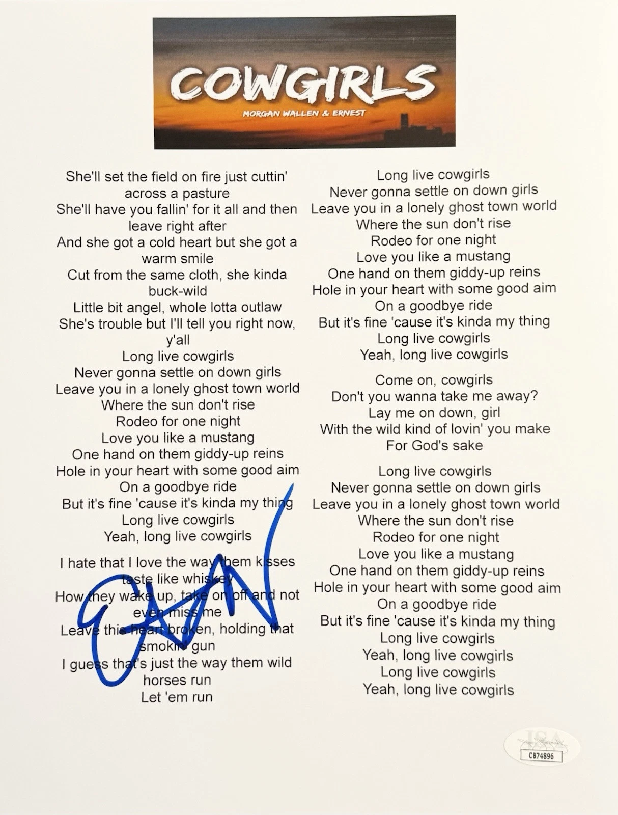 Ernest Signed Autographed Cowgirls Lyric Sheet JSA COA Wallen