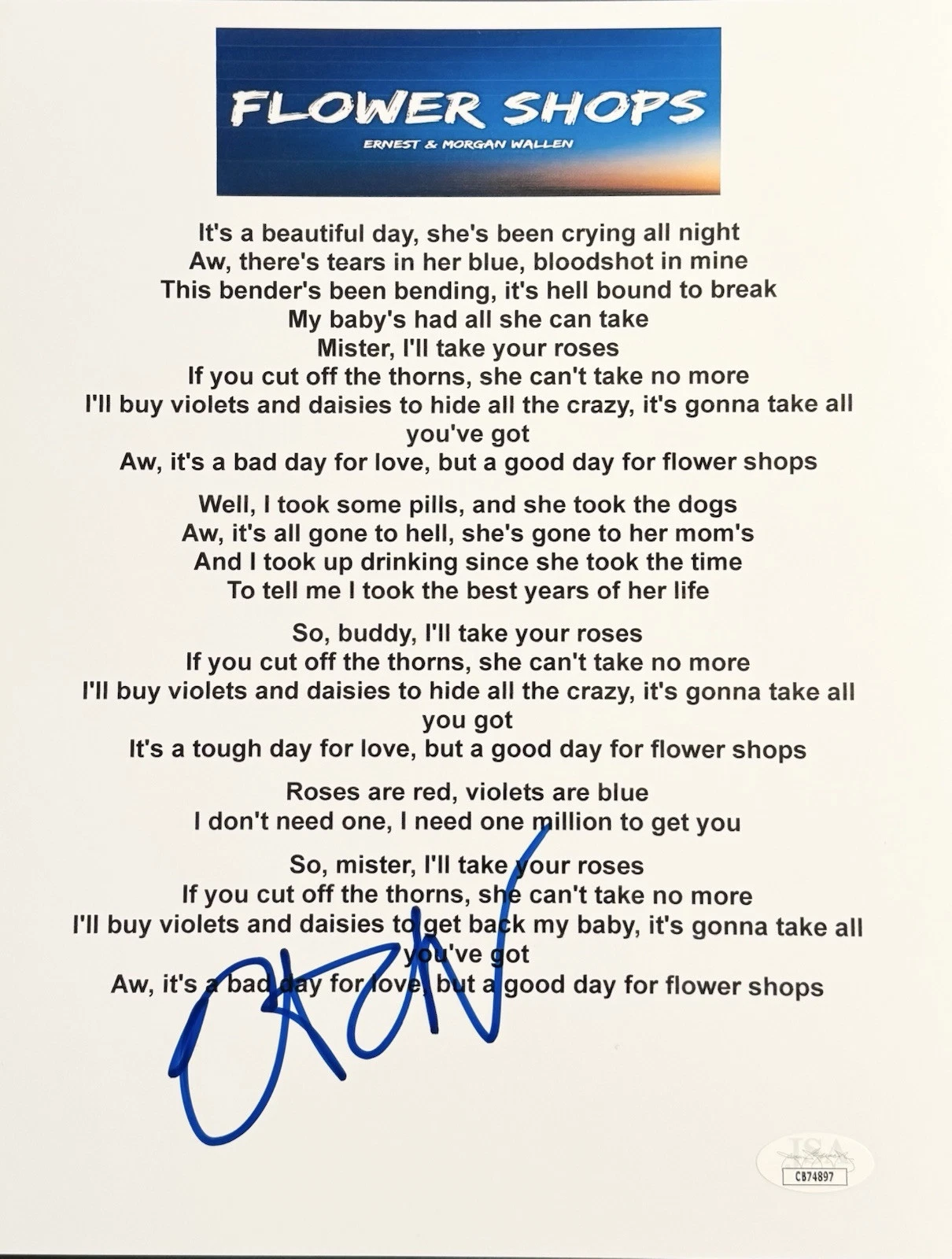 Ernest Signed Autographed Flower Shops Lyric Sheet JSA COA Wallen