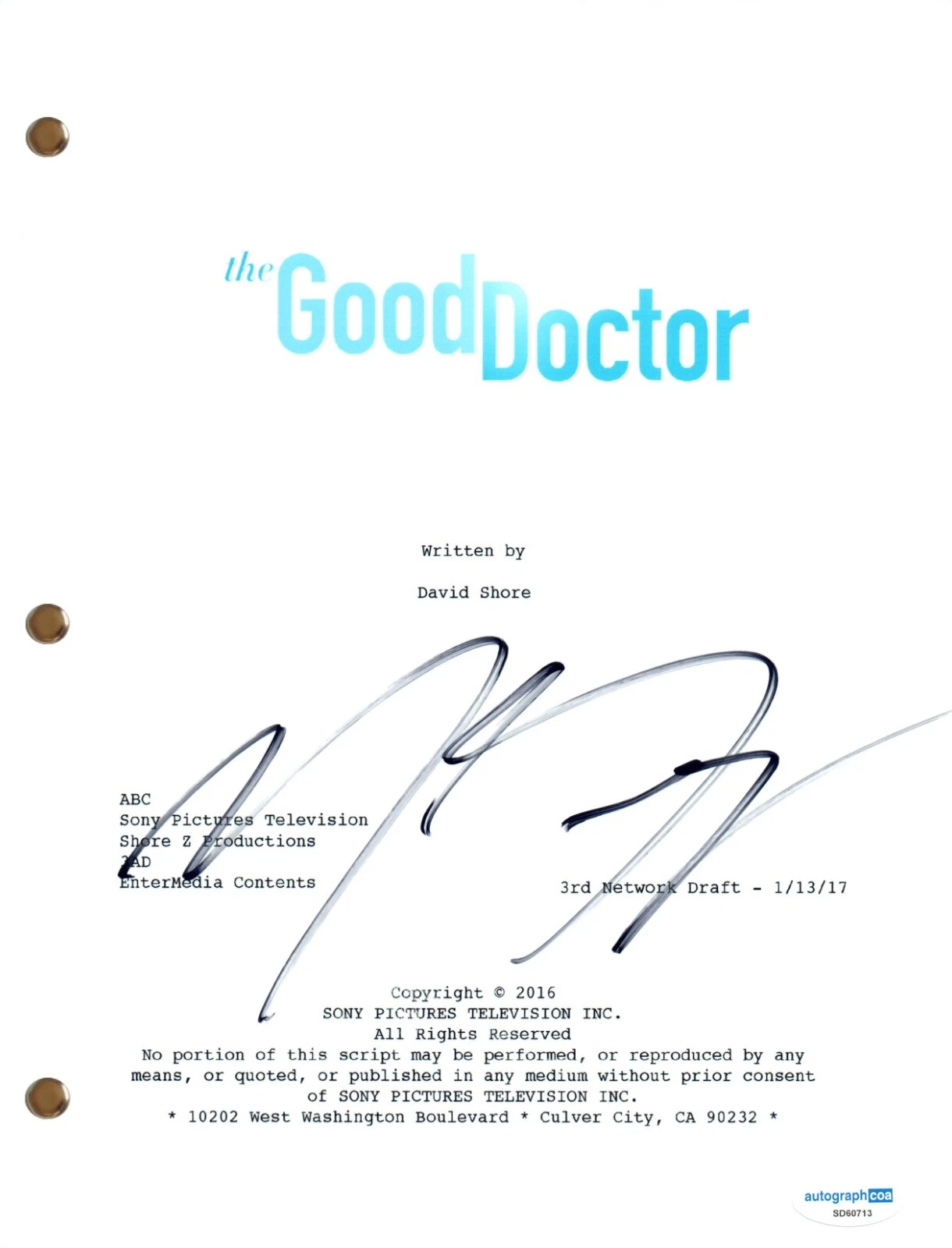 Nicholas Gonzalez 'The Good Doctor' Signed Autograph Pilot Episode Script ACOA