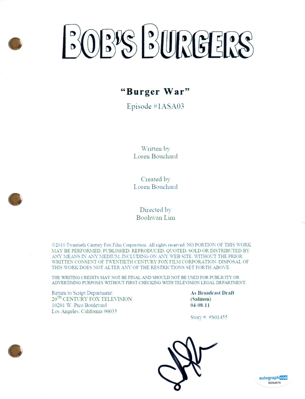 Sarah Silverman “Bob’s Burgers” Signed Autograph Full Script TV Screenplay ACOA