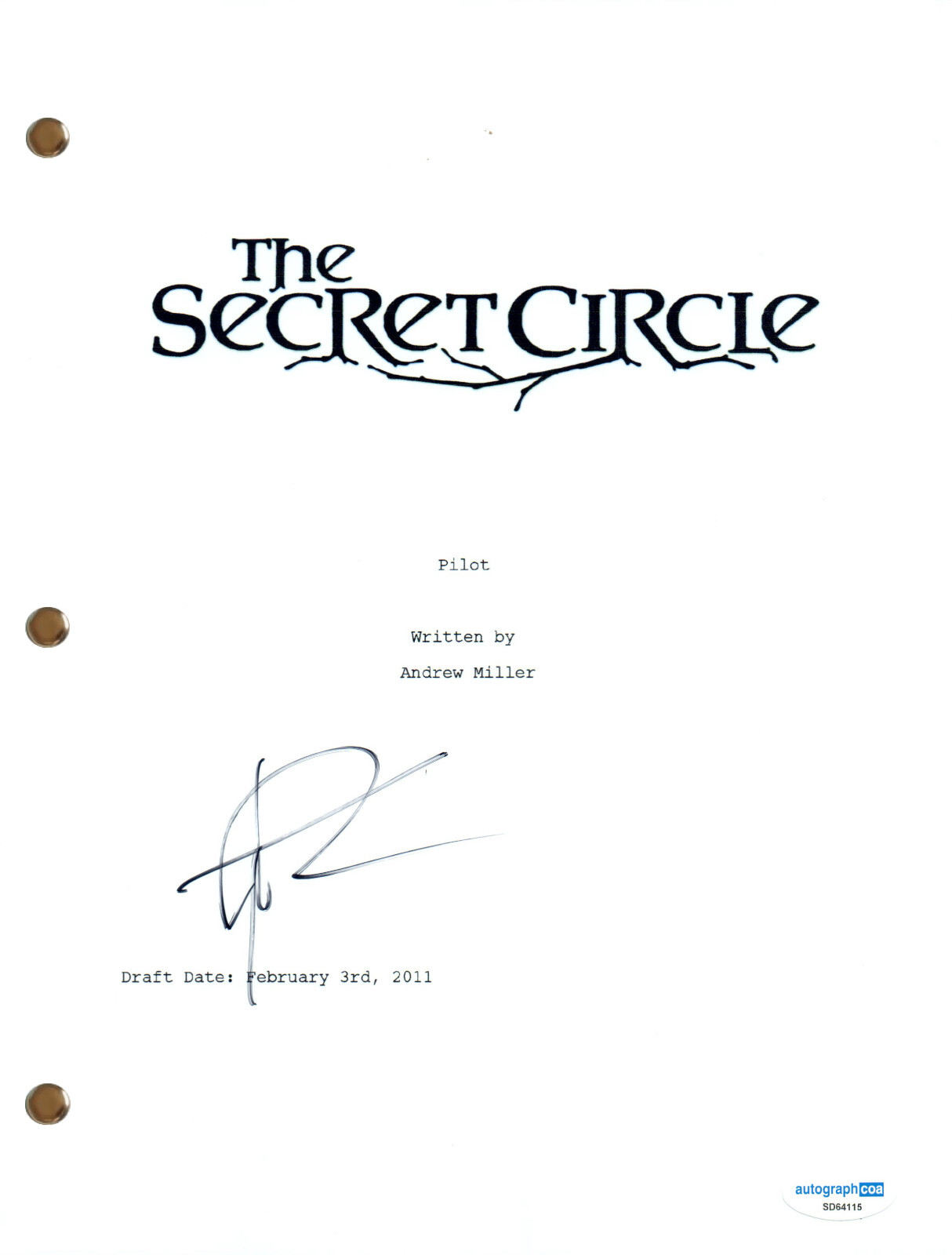 Thomas Dekker “The Secret Circle” Signed Autograph Pilot Script Screenplay ACOA
