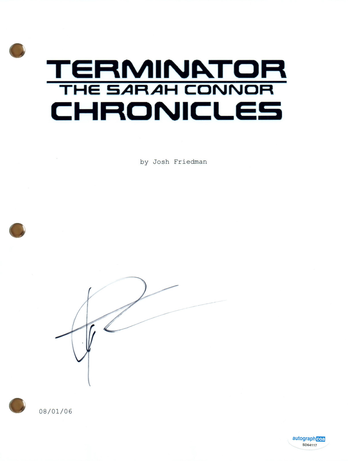 Thomas Dekker 'Terminator: The Sarah Connor Chronicles' Signed Pilot Script ACOA