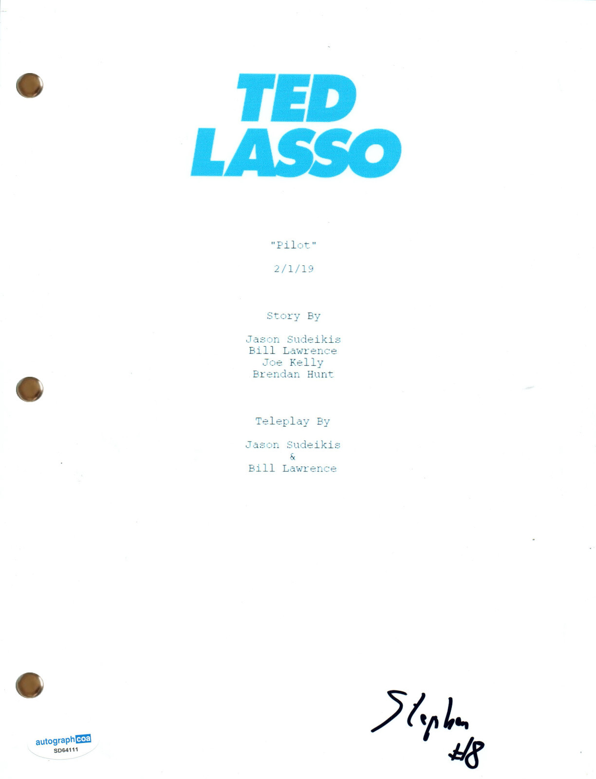 Stephen Manas “Ted Lasso” Signed Autograph Full Pilot Script Screenplay ACOA COA