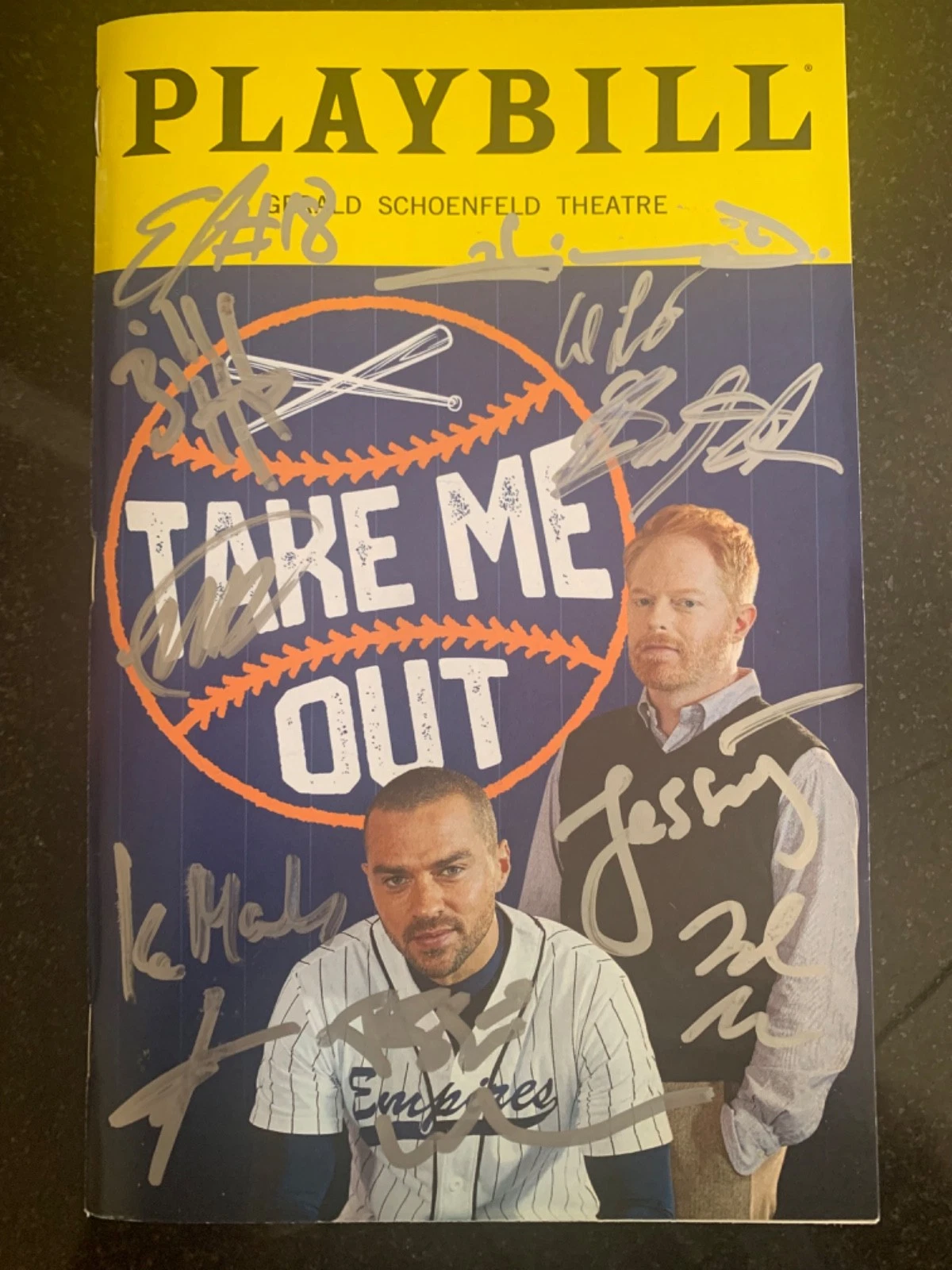 TAKE ME OUT HAND SIGNED NYC PLAYBILL+COA            JESSE TYLER FERGUSON+CAST