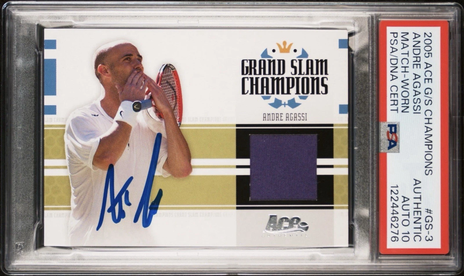 2005 Ace Grand Slam Champions #GS-3 Andre Agassi Match Worn /500 PSA GEM 10 AUTO