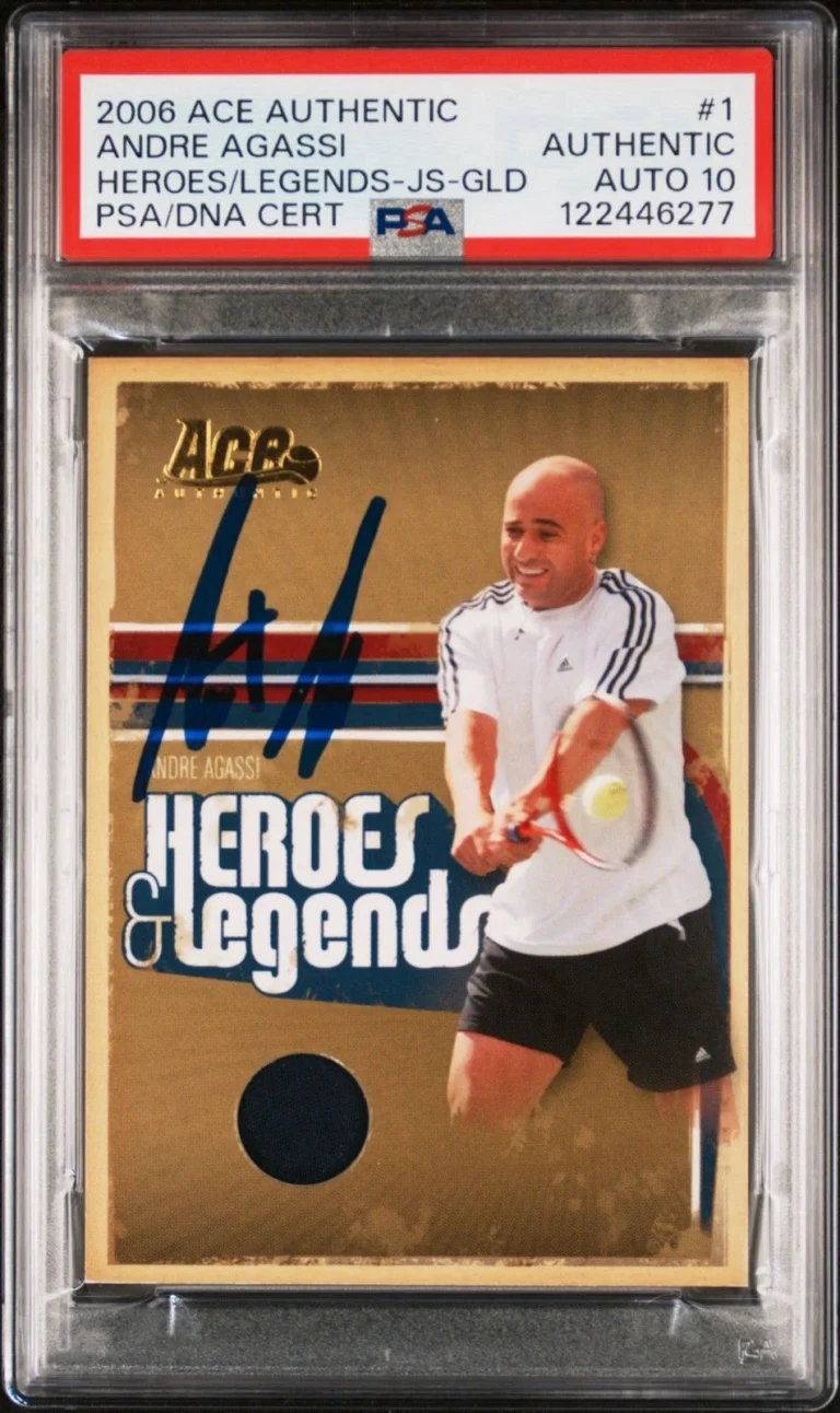 2006 Ace Authentic #1 Andre Agassi Heroes & Legends Jersey Gold /100 PSA AUTO 10