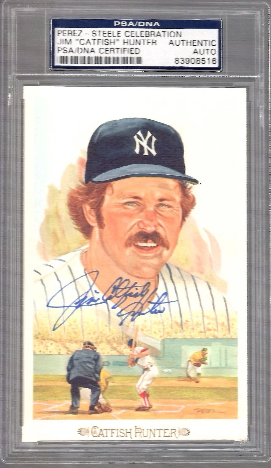 CATFISH HUNTER HAND SIGNED PEREZ STEELE HOF CARD      NY YANKEES     PSA SLABBED