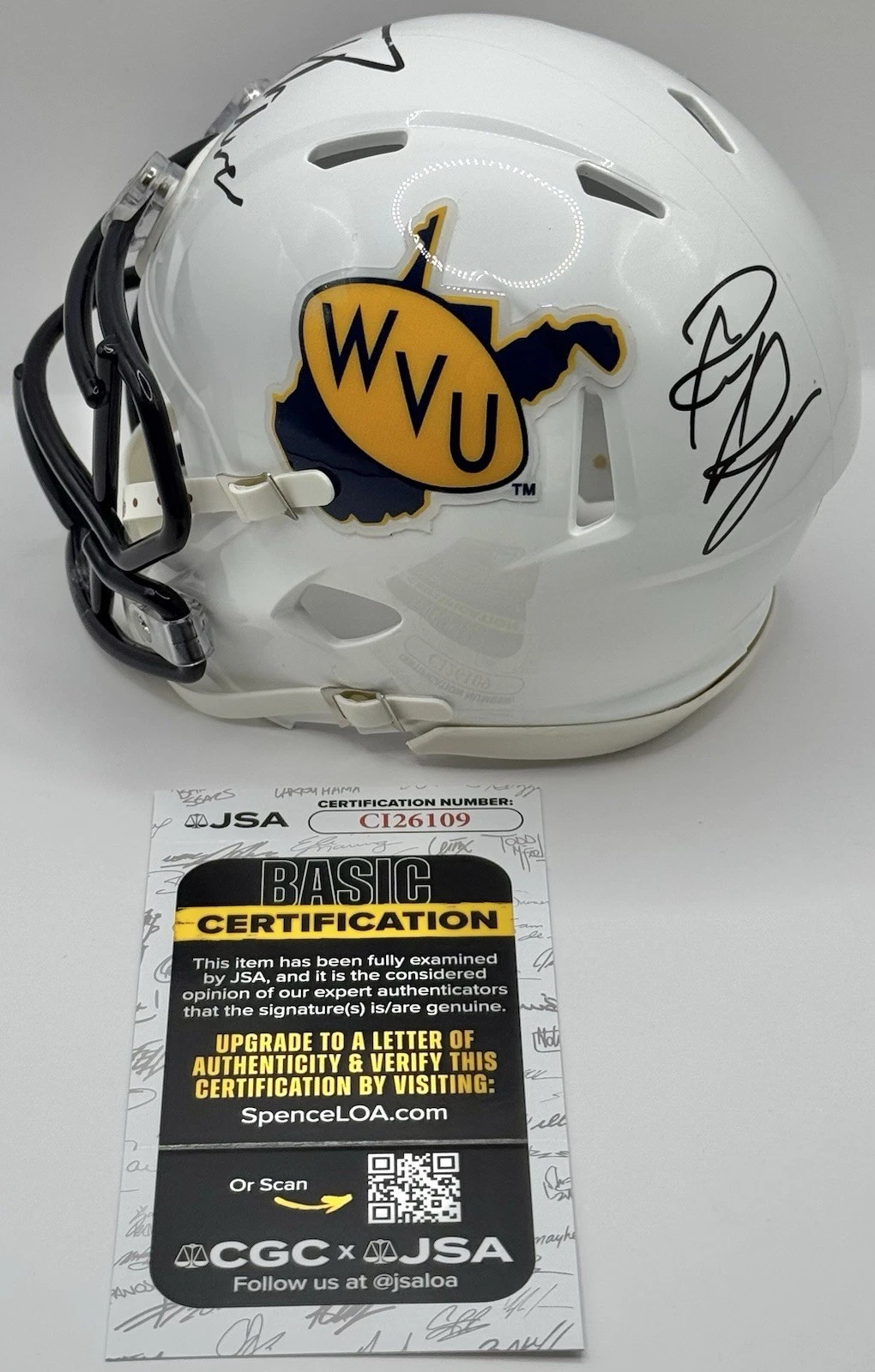 Pat Mcafee & Rich Rodriguez Dual Signed West Virginia Mini Helmet JSA COA
