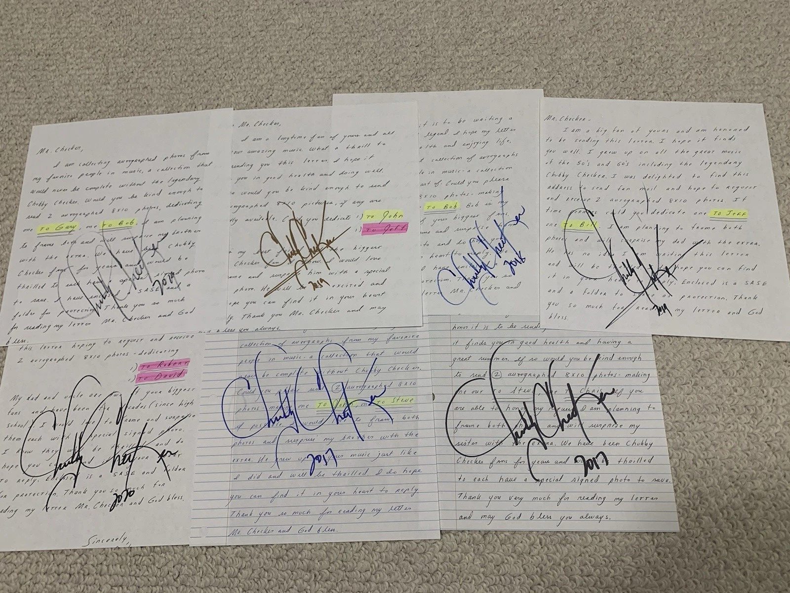 CHUBBY CHECKER LOT OF 7 FAN LETTERS EACH ONE SIGNED BY CHUBBY+COA      THE TWIST