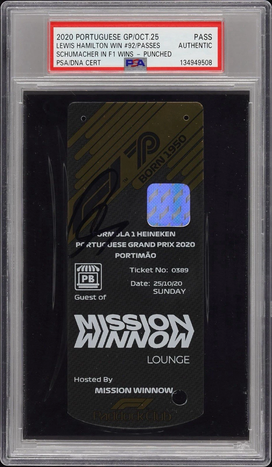 Lewis Hamilton Signed Most Wins In F1 History #92 Ticket Stub Pass PSA/DNA AUTO