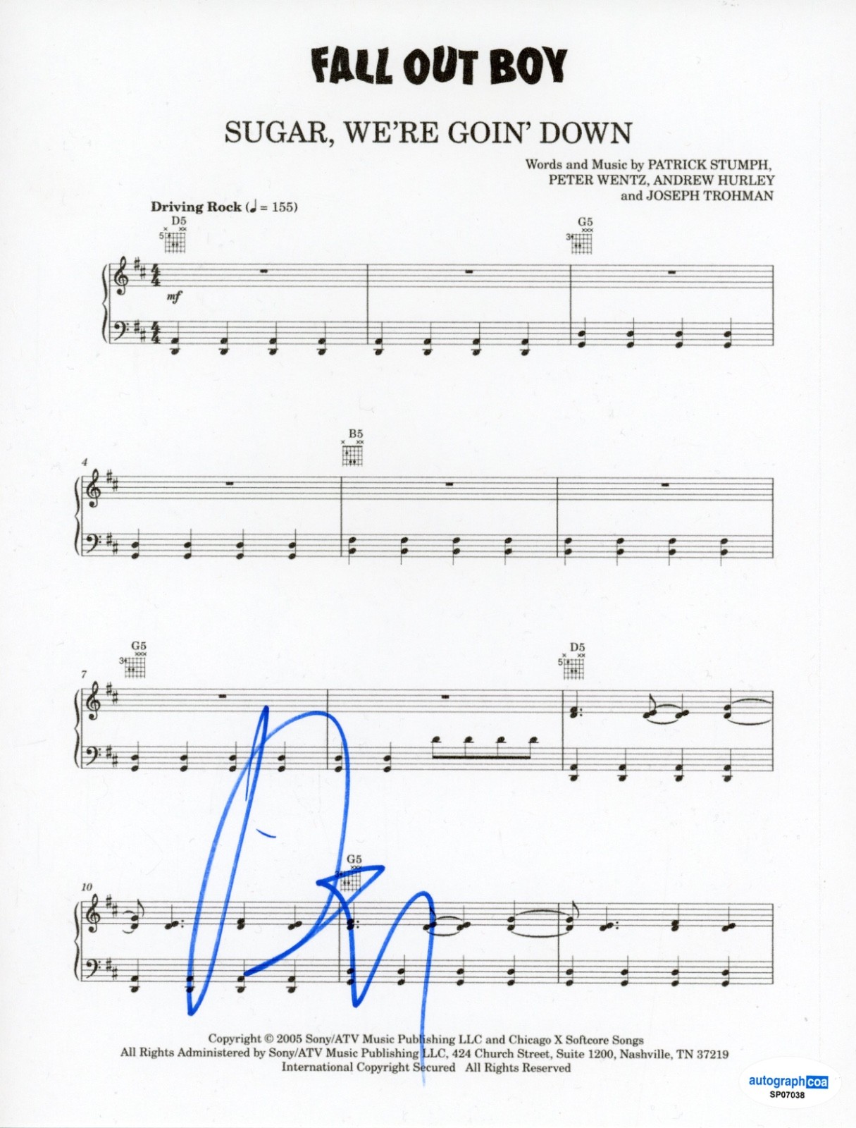 Pete Wentz Fall Out Boy Signed Autograph Sugar, We’re Goin Down Sheet Music ACOA