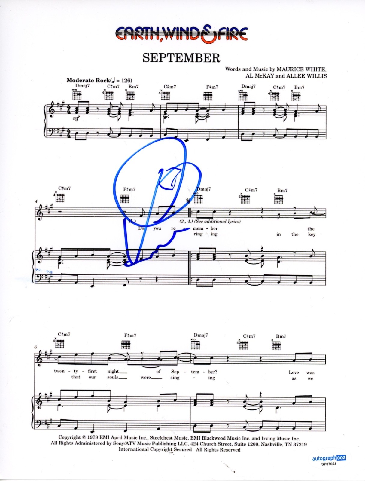 Verdine White Earth, Wind & Fire Signed Autograph September Sheet Music ACOA COA