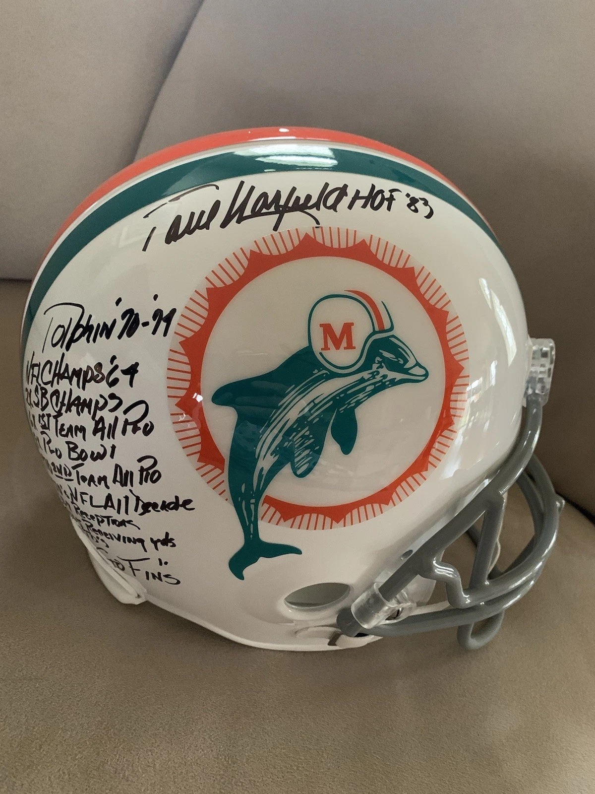 PAUL WARFIELD SIGNED FULL SIZE MIAMI DOLPHINS STAT HELMET+JSA    12 INSCRIPTIONS