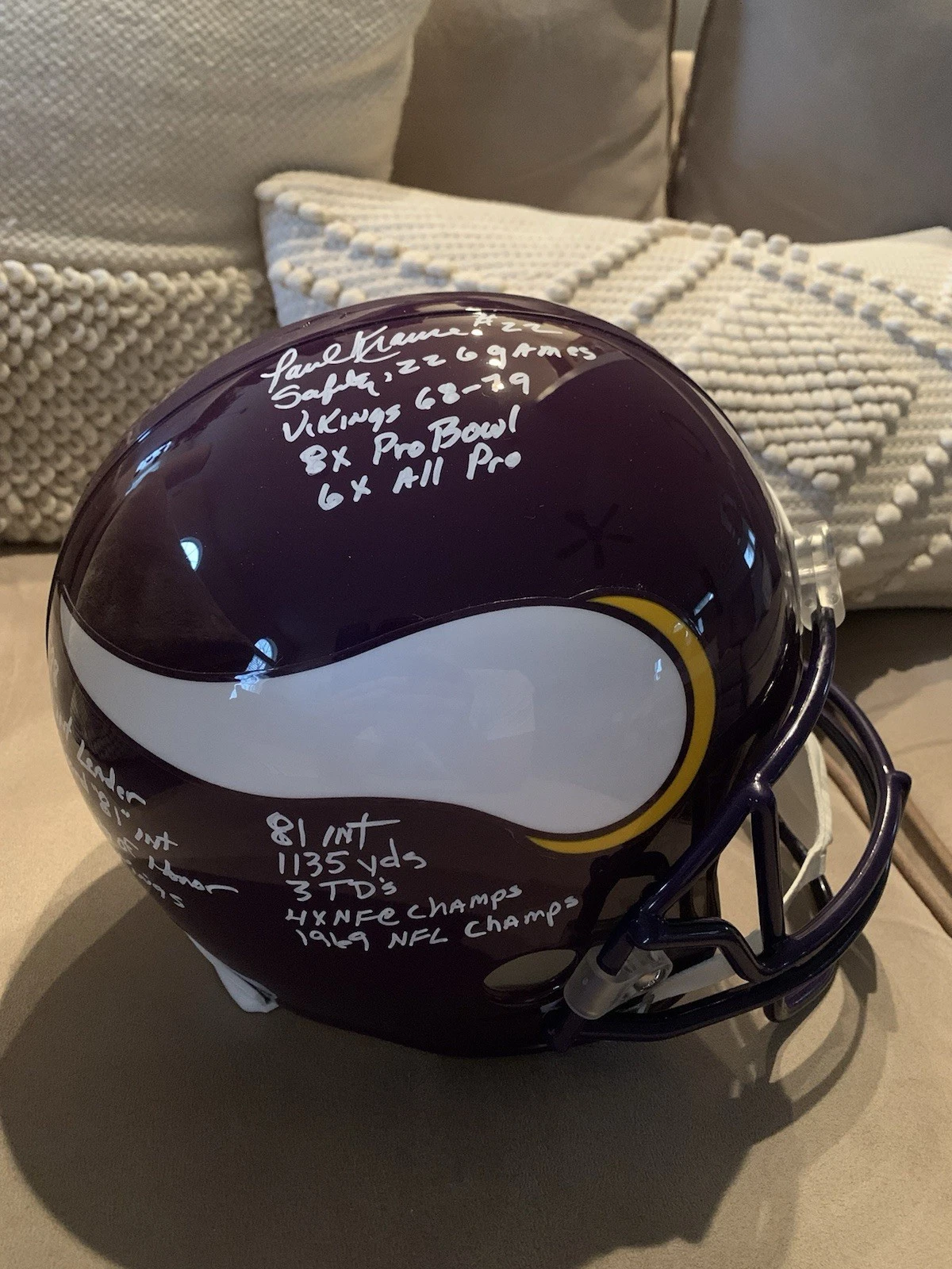 PAUL KRAUSE SIGNED FULL SIZE VIKINGS STAT HELMET       15 INSCRIPTIONS       JSA