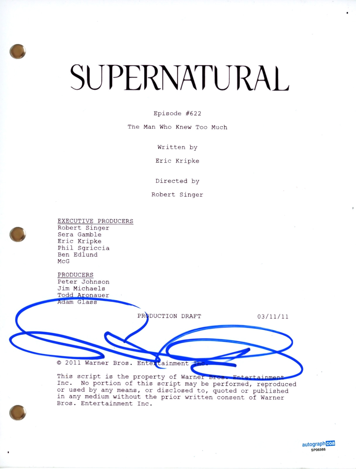Sebastian Roche Supernatural Signed Autograph Episode 622 Script Balthazar ACOA
