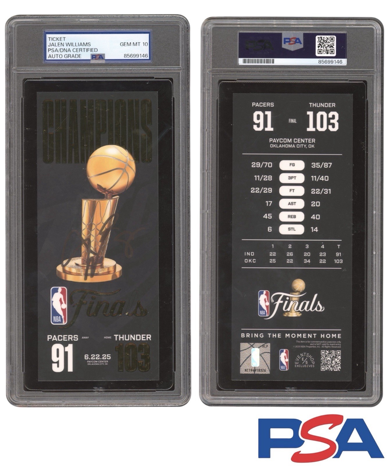 Jalen Williams Signed 2025 NBA FINALS CHAMPIONS Ticket PSA GEM 10 AUTO THUNDER