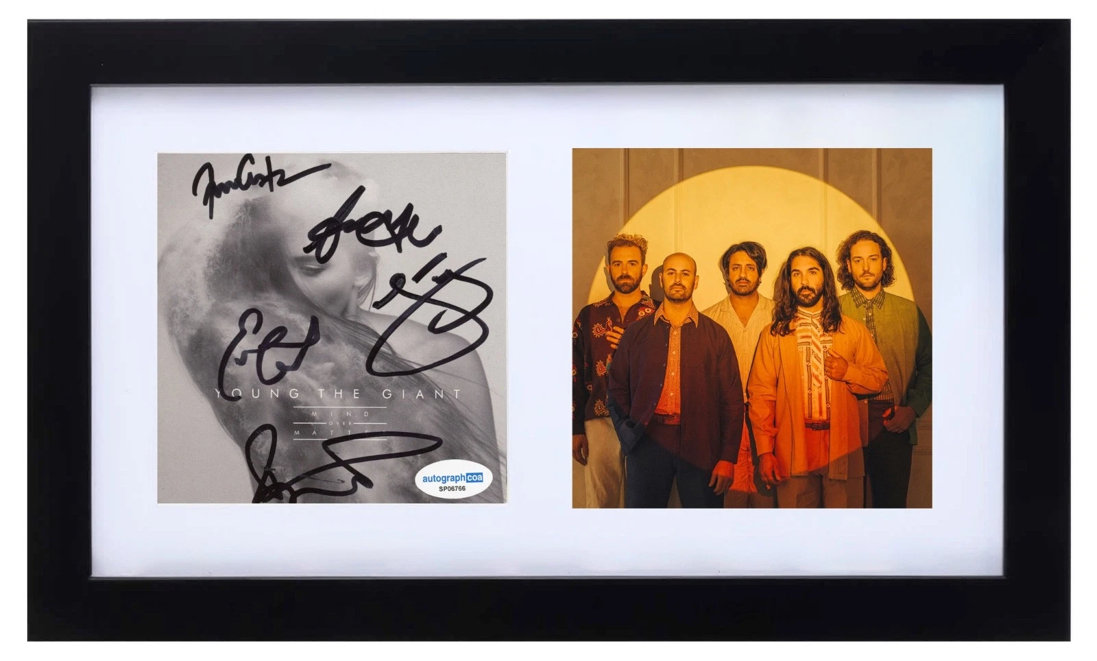 YOUNG THE GIANT SIGNED AUTOGRAPH MIND OVER MATTER CD COVER FRAMED BAND X5 ACOA COLLECTIBLE MEMORABILIA