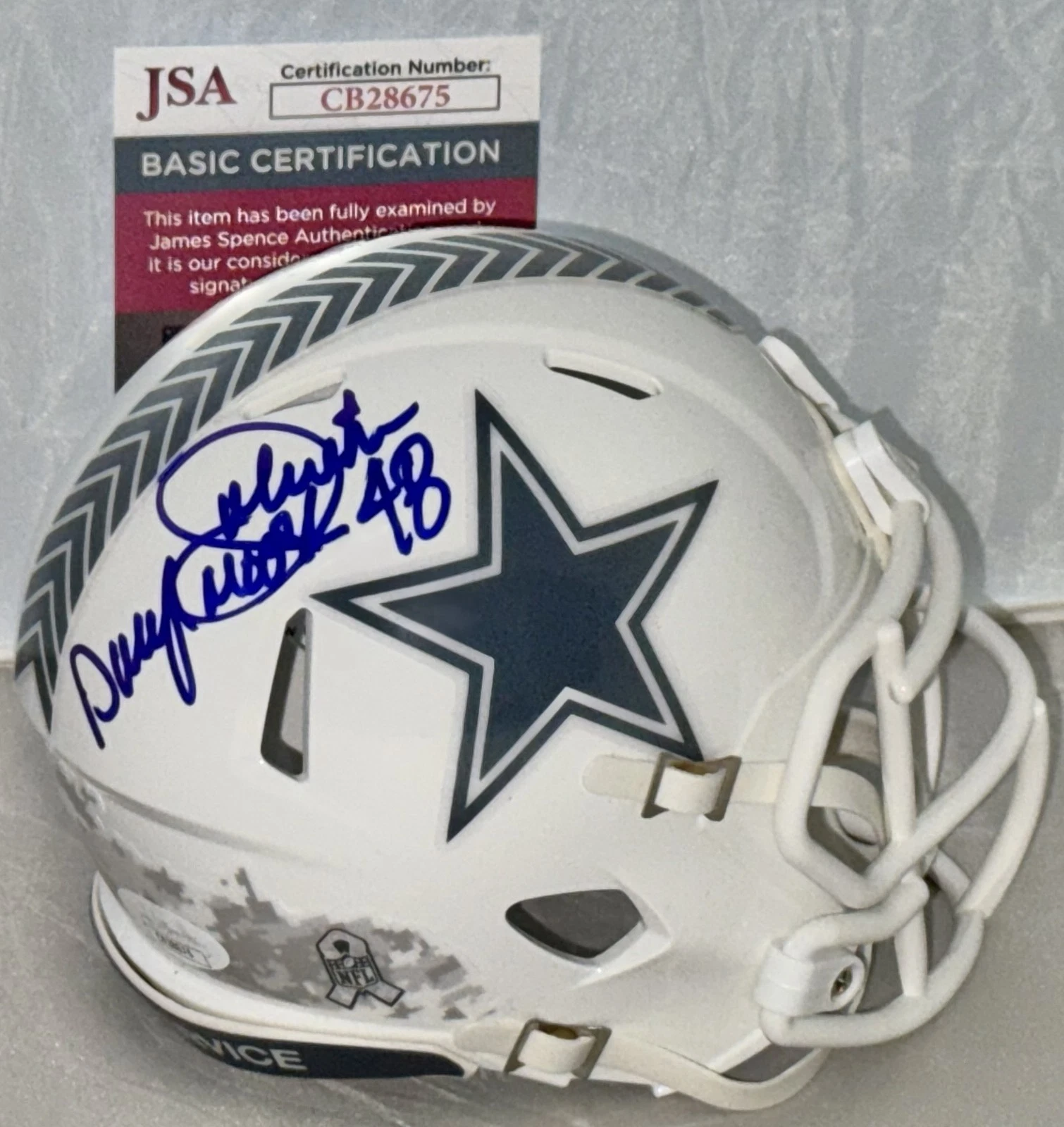 Daryl Johnston signed Dallas Cowboys Salute To Service mini helmet Moose JSA