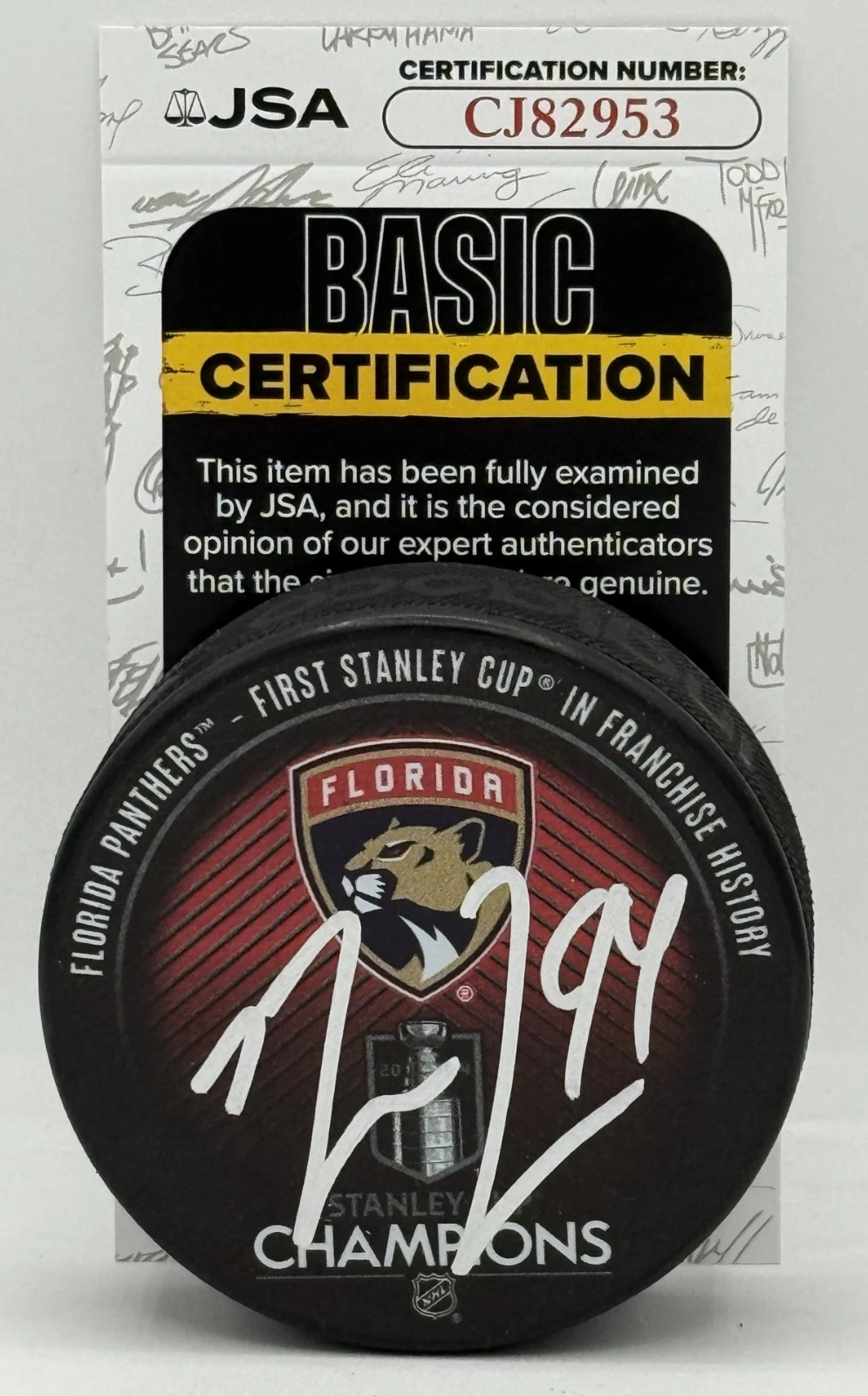 Ryan Lomberg signed Florida Panthers 2024 Stanley Cup Champs Puck JSA