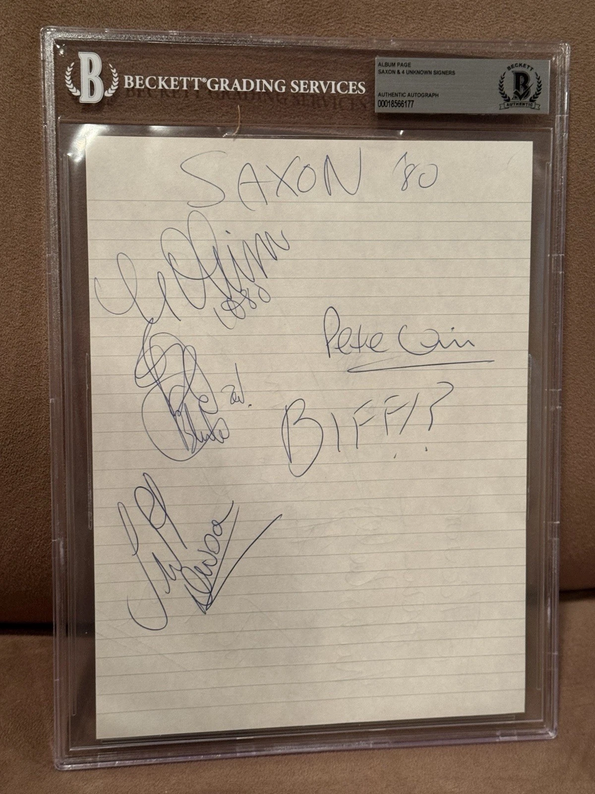 The Band “Saxon” Signed Autographed Album Page by 5 Beckett Biff Steve Pete +