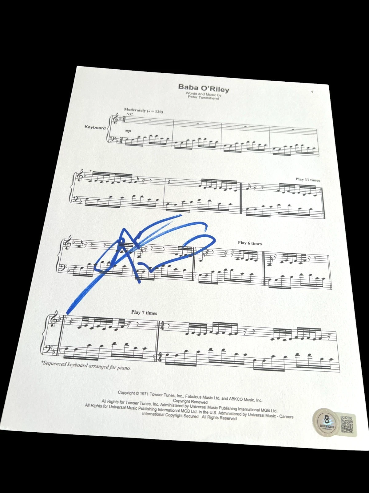 PETE TOWNSHEND SIGNED AUTOGRAPH SHEET MUSIC BABA O'RILEY THE WHO BECKETT BAS D